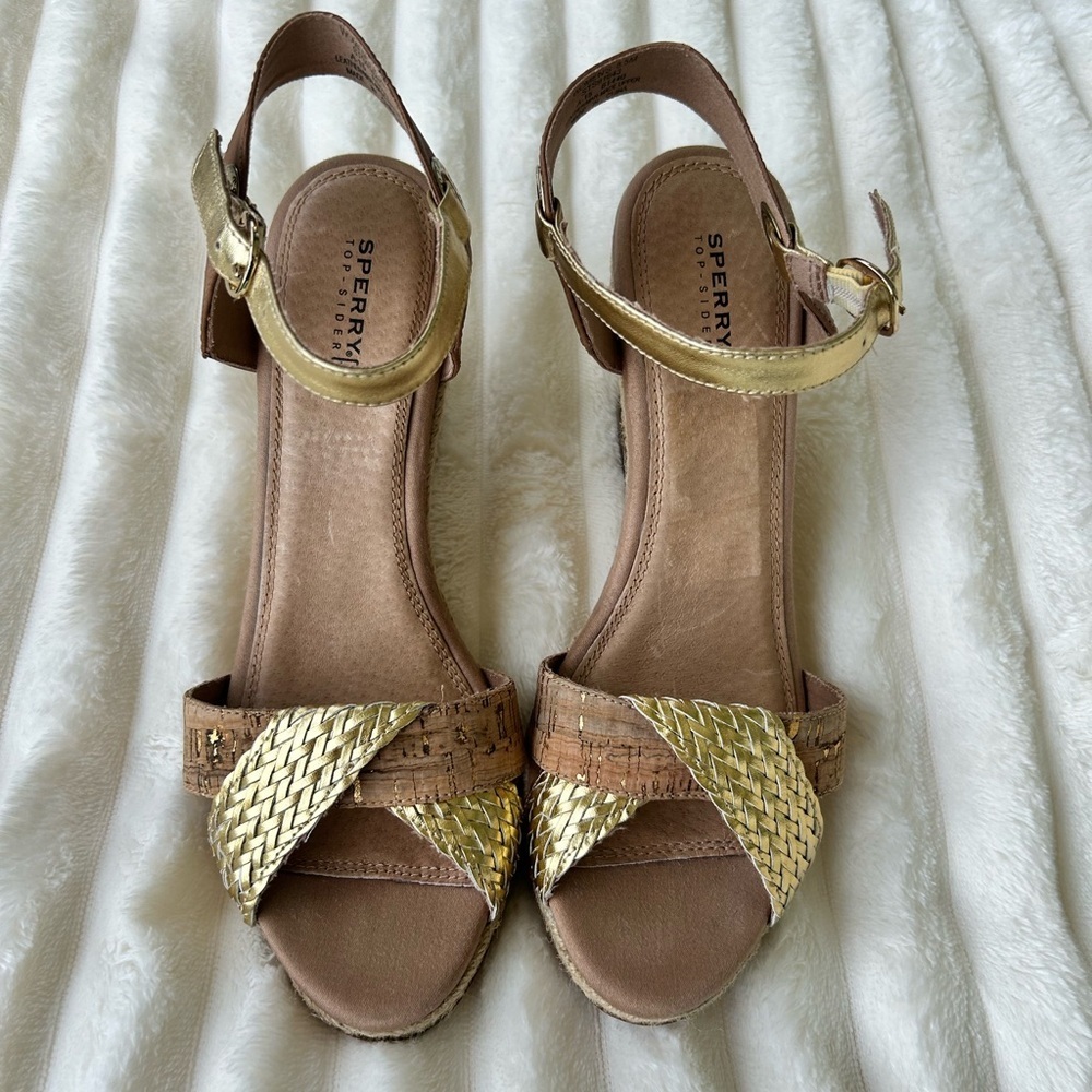 Sperry Top Sider Leather Wedge Gold Ankle Strap Espadrille Sandal Size 8.5